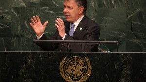 NEW YORK, NY - SEPTEMBER 29: President of Colombia Juan Manuel Santos Calderon speaks at the United Nations General Assembly at UN headquarters on September 29, 2015 in New York City. He denounced Russian involvement in the continued armed conflict in eastern Ukraine. The war in Syria and the resulting refugee crisis are some of the main topics for world leaders gathered for the 70th annual General Assembly meeting. (Photo by John Moore/Getty Images)